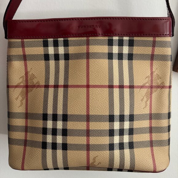 BURBERRY Haymarket Check Shoulder Bag Burgundy Red Leather/Coated Canvas VTG Y2k - Picture 1 of 7